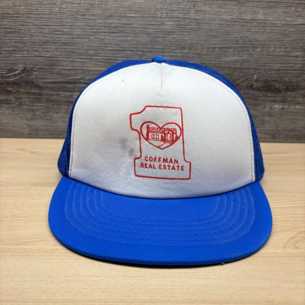 Vintage Coffman Real Estate Hat Cap Snap Back Blue White Trucker Mesh Promo 80s